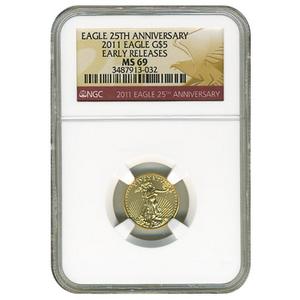 2011 Gold American Eagle 25th Anniversary Tenth Ounce MS69 ER NGC Red Label