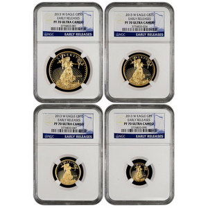 2013 W Gold American Eagle 1oz Half Ounce Quarter Ounce and Tenth Ounce Proof Set PF70 UC ER NGC Blue Label 4pc Set