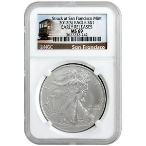 2012 S Silver American Eagle Struck at San Francisco Mint MS69 ER NGC Trolley Label