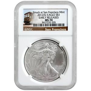 2012 S Silver American Eagle Struck at San Francisco Mint MS70 ER NGC Trolley Label