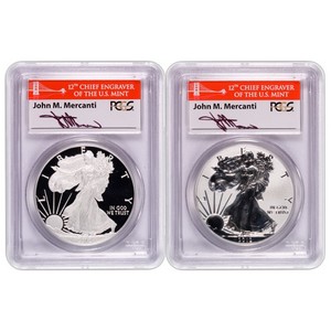 2012 S Silver American Eagle 2pc Proof Set PR69 FS PCGS Bridge Label Signed by John M. Mercanti