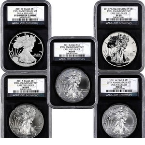 2011 25th Anniversary Silver American Eagle 5pc Set 69 ER NGC Retro Holder