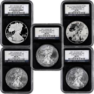 2011 25th Anniversary Silver American Eagle 5pc Set 70 ER NGC Retro Holder
