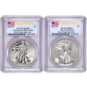Pre-Order 2013 W Silver American Eagle West Point 2pc Silver Set PCGS 69 FS Flag Label