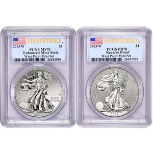 Pre-Order 2013 W Silver American Eagle West Point 2pc Silver Set PCGS 70 FS Flag Label