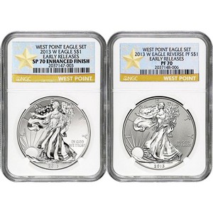 Pre-Order 2013 W Silver American Eagle West Point 2pc Silver Set NGC 70 ER Star Label