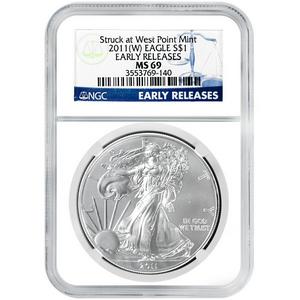 2011 W Silver American Eagle Struck at West Point Mint MS69 ER NGC Blue Label