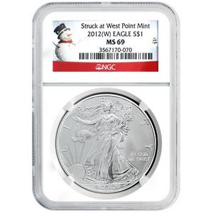 2012 W Silver American Eagle Struck at West Point Mint MS69 NGC Snowman Label