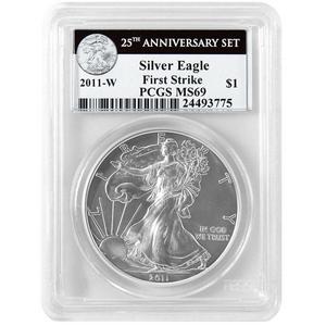 2011 W Silver American Eagle 25th Anniversary Set Label MS69 Burnished FS PCGS