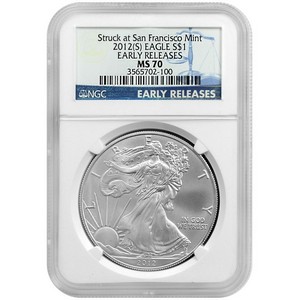 2012 S Silver American Eagle Struck at San Francisco Mint MS70 ER NGC Blue Label
