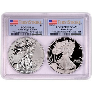 2012 S Silver American Eagle 2pc Proof Set PR69 FS PCGS Flag Label in Multiholder