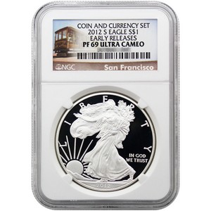 2012 S SAE PF69 UC ER Trolley Label NGC and 2009 Series $5 Note San Francisco GEM PMG Coin and Currency Set
