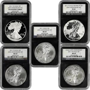 2011 25th Anniversary Silver American Eagle 5pc Set 69 NGC Retro Holder