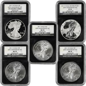 2011 25th Anniversary Silver American Eagle 5pc Set 70 NCG Retro Holder