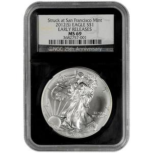 2012 S Silver American Eagle Struck at San Francisco MS69 ER NGC Retro Holder