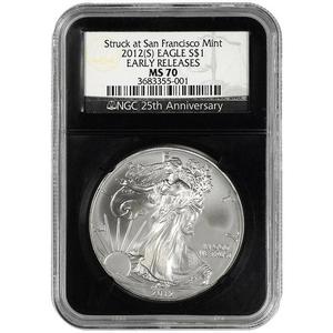 2012 S Silver American Eagle Struck at San Francisco MS70 ER NGC Retro Holder