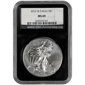 2012 W Silver American Eagle MS69 Burnished NGC Retro Holder