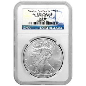 2012 S Silver American Eagle Struck at San Francisco Mint MS69 ER NGC Blue Label