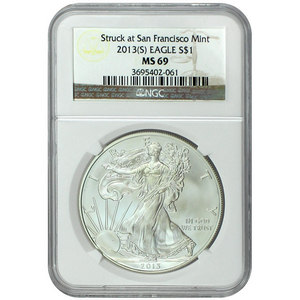 2013 S Silver American Eagle Struck at San Francisco Mint MS69 NGC Brown Label