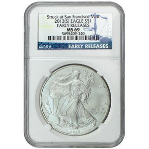 2013 S Silver American Eagle Struck at San Francisco Mint  MS69 ER NGC Blue Label