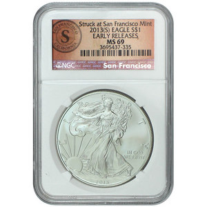2013 S Silver American Eagle Struck at San Francisco MS69 ER NGC San Fran Label