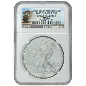 2013 S Silver American Eagle Struck at San Francisco Mint MS69 ER NGC Trolley Label