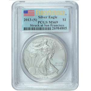 2013 S Silver American Eagle Struck at San Francisco MS69 FS PCGS Flag Label