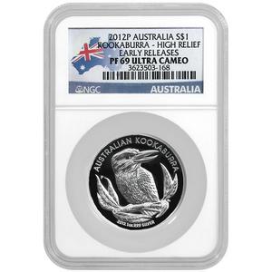 2012 P Australia Silver Kookaburra 1oz High Relief PF69 UC ER NGC Country Label