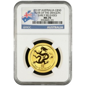 2012 P Australia Gold Year of the Dragon Half Ounce MS70 ER NGC Country Label