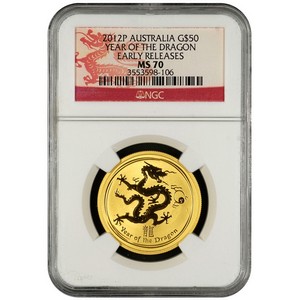 2012 P Australia Gold Year of the Dragon Half Ounce MS70 ER NGC Dragon Label