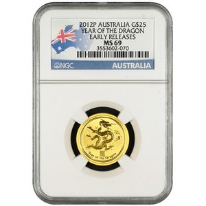 2012 P Australia Gold Year of the Dragon Quarter Ounce MS69 ER NGC Country Label