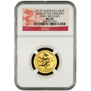 2012 P Australia Gold Year of the Dragon Quarter Ounce MS69 ER NGC Dragon Label