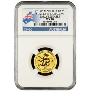 2012 P Australia Gold Year of the Dragon Quarter Ounce MS70 ER NGC Country Label