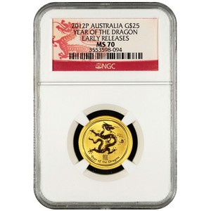 2012 P Australia Gold Year of the Dragon Quarter Ounce MS70 ER NGC Dragon Label