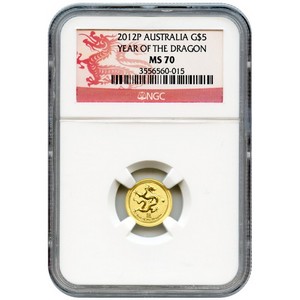 2012 P Australia Gold Year of the Dragon Twentieth Ounce MS70 NGC Dragon Label