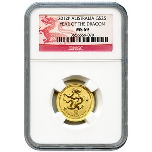 2012 P Australia Gold Year of the Dragon Quarter Ounce MS69 NGC Dragon Label