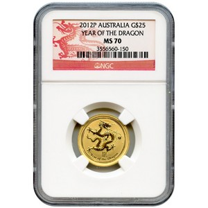 2012 P Australia Gold Year of the Dragon Quarter Ounce MS70 NGC Dragon Label