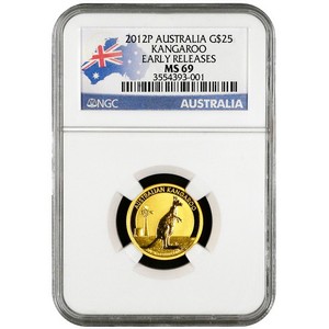 2012 P Australia Gold Kangaroo Quarter Ounce MS69 ER NGC Country Label