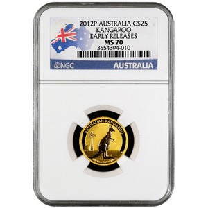 2012 P Australia Gold Kangaroo Quarter Ounce MS70 ER NGC Country Label