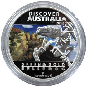 2012 P Australia Silver Discover Australia Green and Gold Bell Frog 1oz Proof