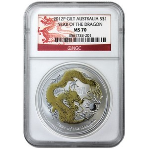 2012 P Australia Silver Year of the Dragon 1oz Gilded MS70 NGC Dragon Label