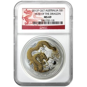 2012 P Australia Silver Year of the Dragon 1oz Gilded MS69 NGC Dragon Label