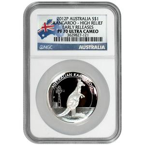2012 P Australia Silver Kangaroo 1oz High Relief PF70 ER UC NGC Country Label