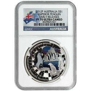 2012 P Australia Silver Antarctic Territory Emperor Penguin 1oz PF70 ER UC NGC Country Label