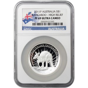 2011 P Australia Silver Kangaroo 1oz PF69 High Relief UC NGC Country Label