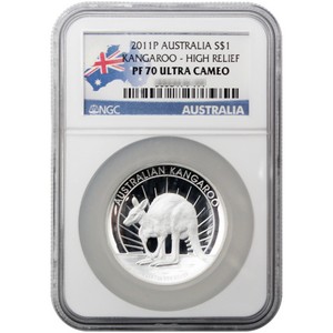 2011 P Australia Silver Kangaroo 1oz PF70 High Relief UC NGC Country Label