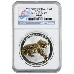 2012 P Australia Silver Gilded Koala 1oz MS69 ER NGC Country Label