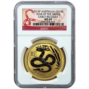 2013 P Australia Gold Year of the Snake 1oz MS69 ER NGC Snake Label