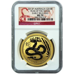 2013 P Australia Gold Year of the Snake 1oz MS70 ER NGC Snake Label