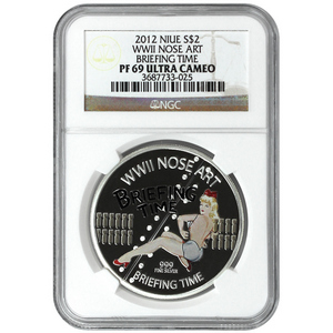 2012 Niue Silver WWII Nose Art Briefing Time 1oz PF69 UC NGC Brown Label